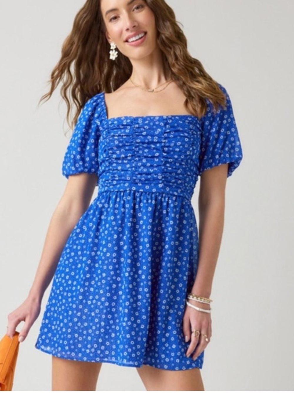 Blue Floral Square-Neck Mini Dress